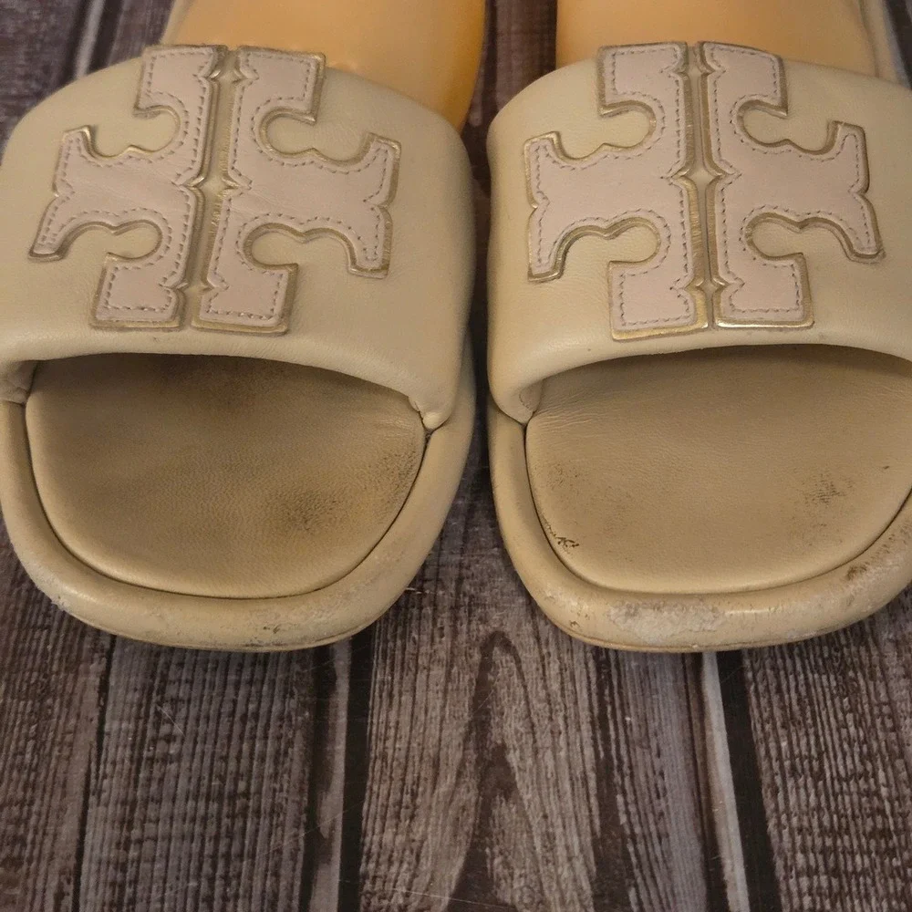 Sz 8.5 Tory Burch Double T Sport Slide Dolce De Leche Leather Logo Sandals